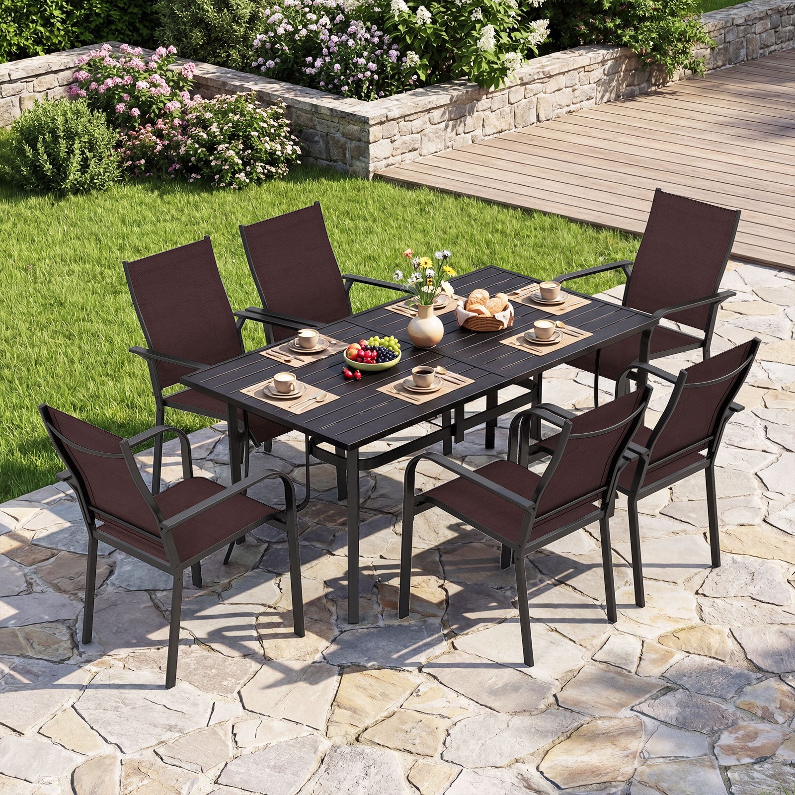 Patio Dining Table for 6 160CM Rectangle Metal Slat Table with Umbrella Hole-Black