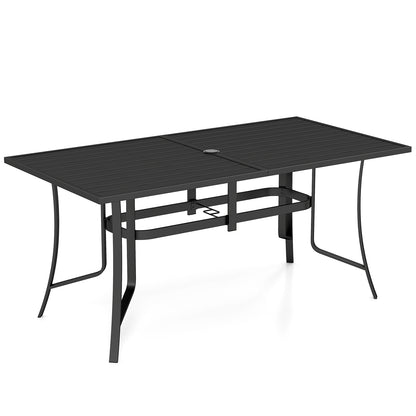 Patio Dining Table for 6 160CM Rectangle Metal Slat Table with Umbrella Hole-Black