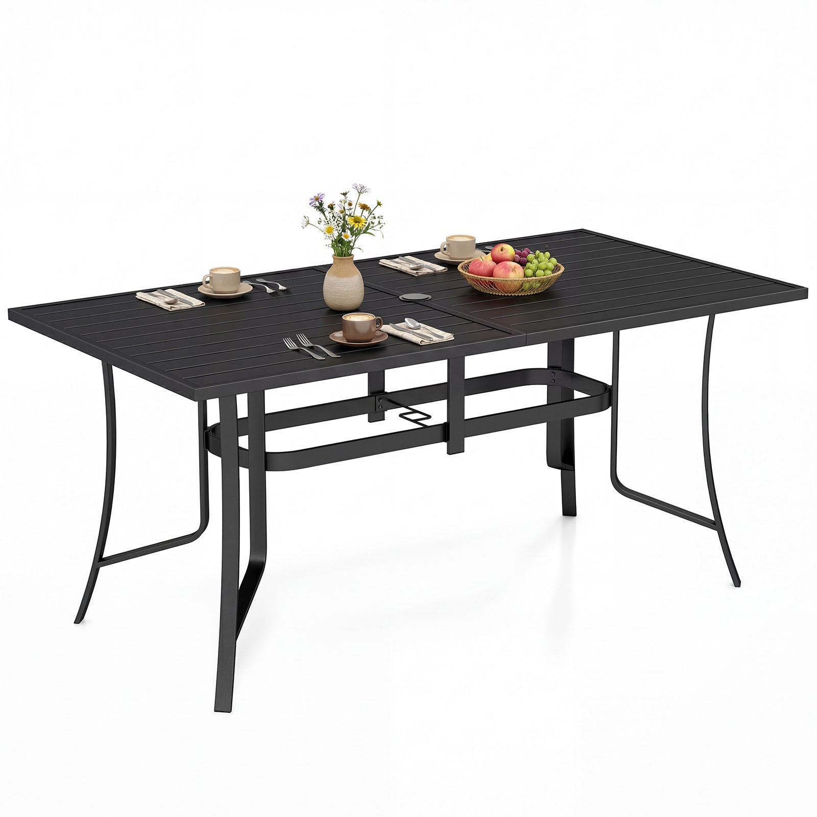 Patio Dining Table for 6 160CM Rectangle Metal Slat Table with Umbrella Hole-Black