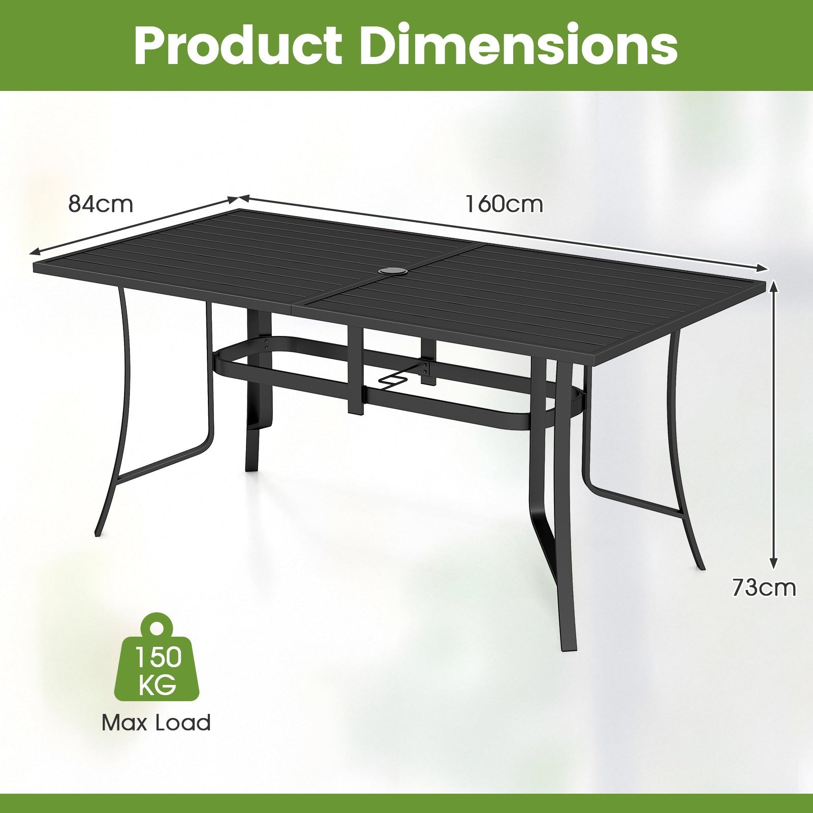 Patio Dining Table for 6 160CM Rectangle Metal Slat Table with Umbrella Hole-Black