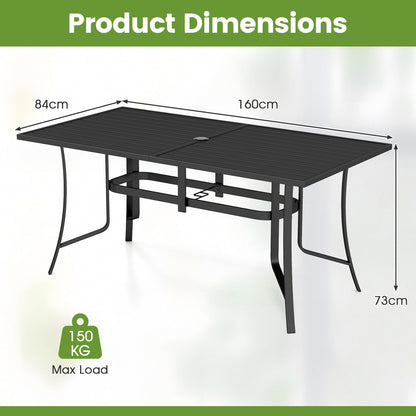 Patio Dining Table for 6 160CM Rectangle Metal Slat Table with Umbrella Hole-Black