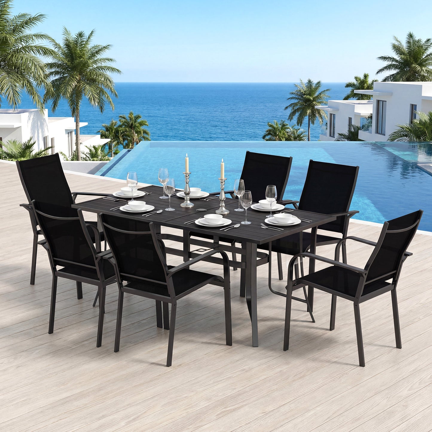Patio Dining Table for 6 160CM Rectangle Metal Slat Table with Umbrella Hole-Black