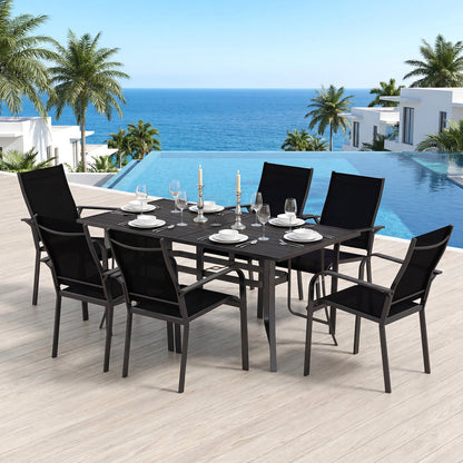 Patio Dining Table for 6 160CM Rectangle Metal Slat Table with Umbrella Hole-Black