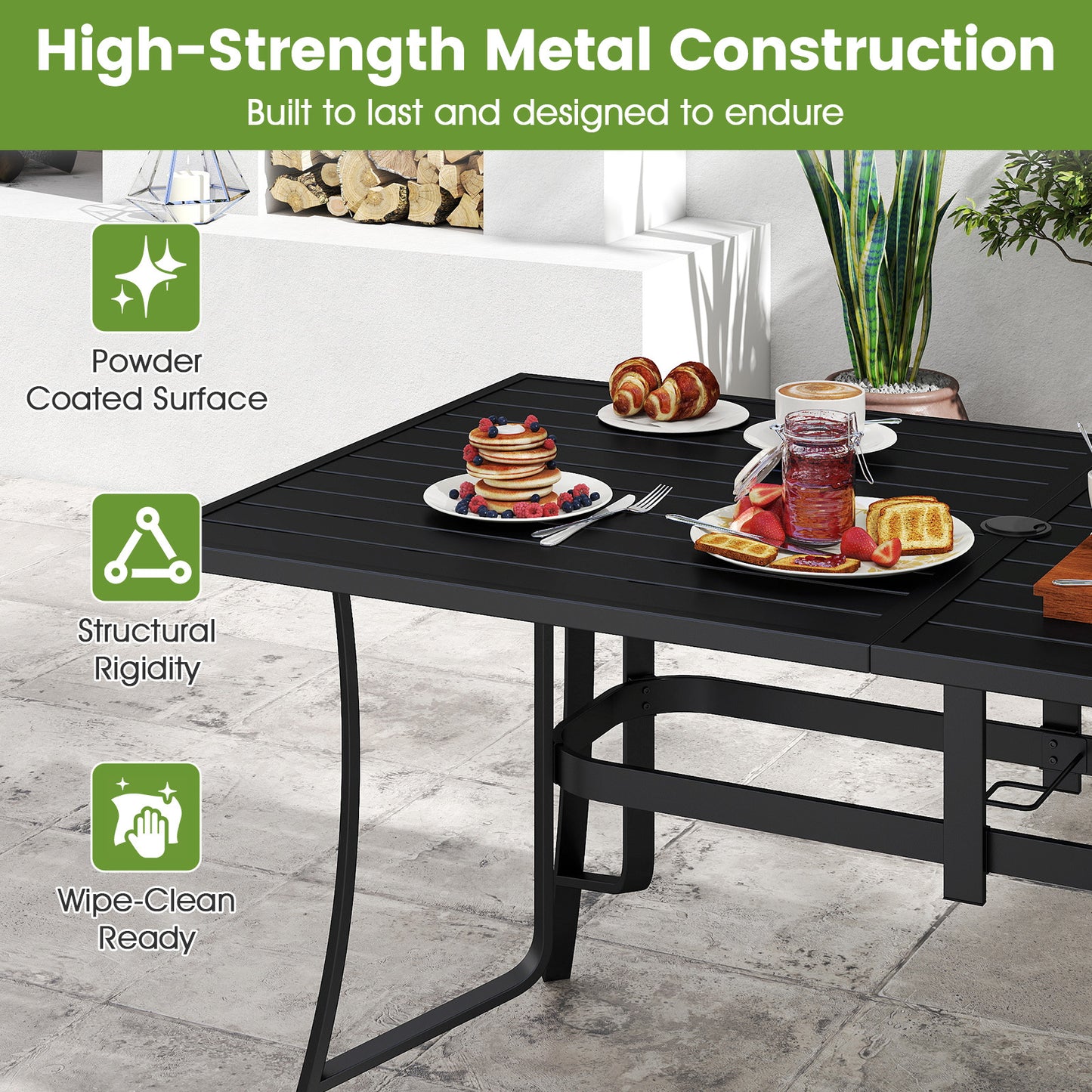 Patio Dining Table for 6 160CM Rectangle Metal Slat Table with Umbrella Hole-Black
