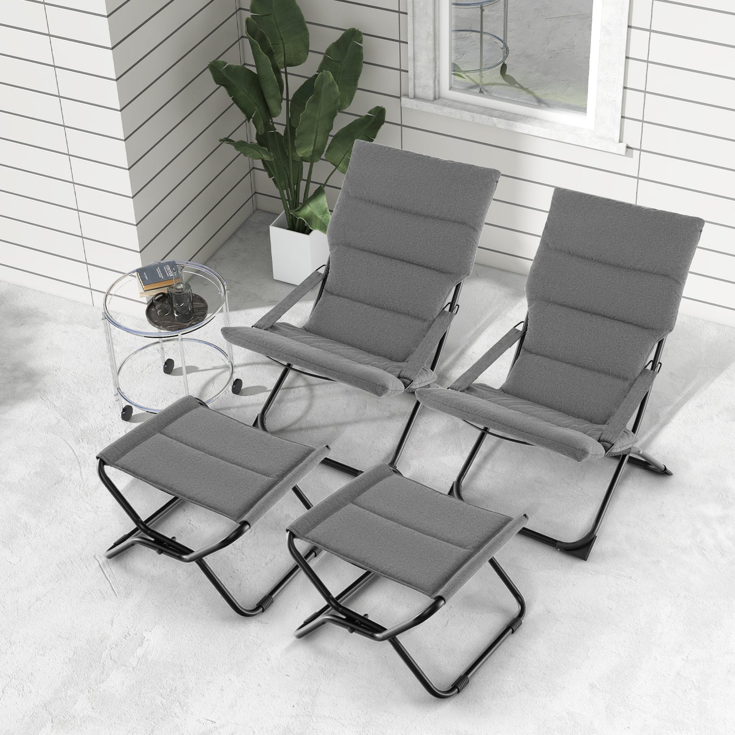 Patio Folding Sling Chair with Ottoman and Removable Cushion Set of 2-Grey