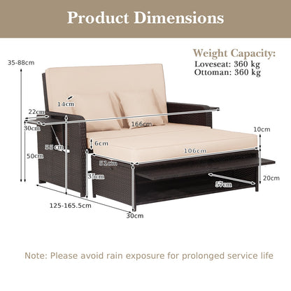 Patio Rattan Daybed Set with Ottoman and Adjustable Backrest-Beige