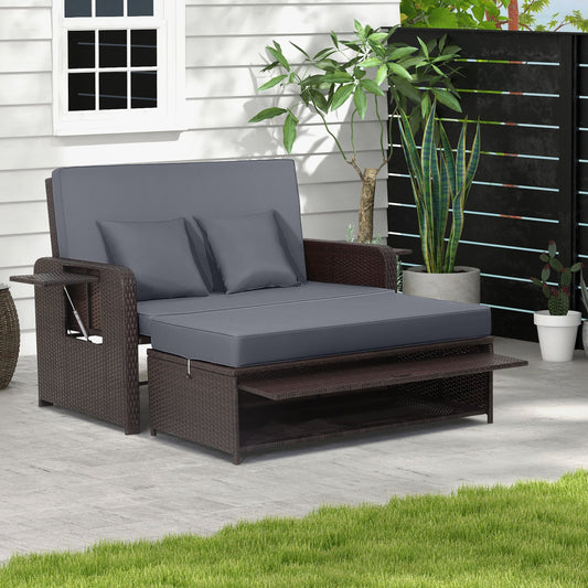 Patio Rattan Daybed Set with Ottoman and Adjustable Backrest-Grey