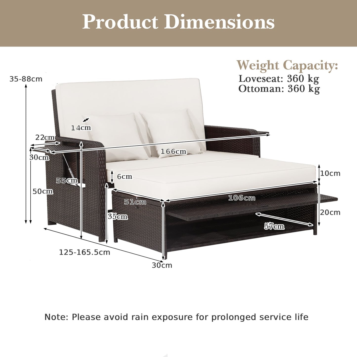 Patio Rattan Daybed Set with Ottoman and Adjustable Backrest-White