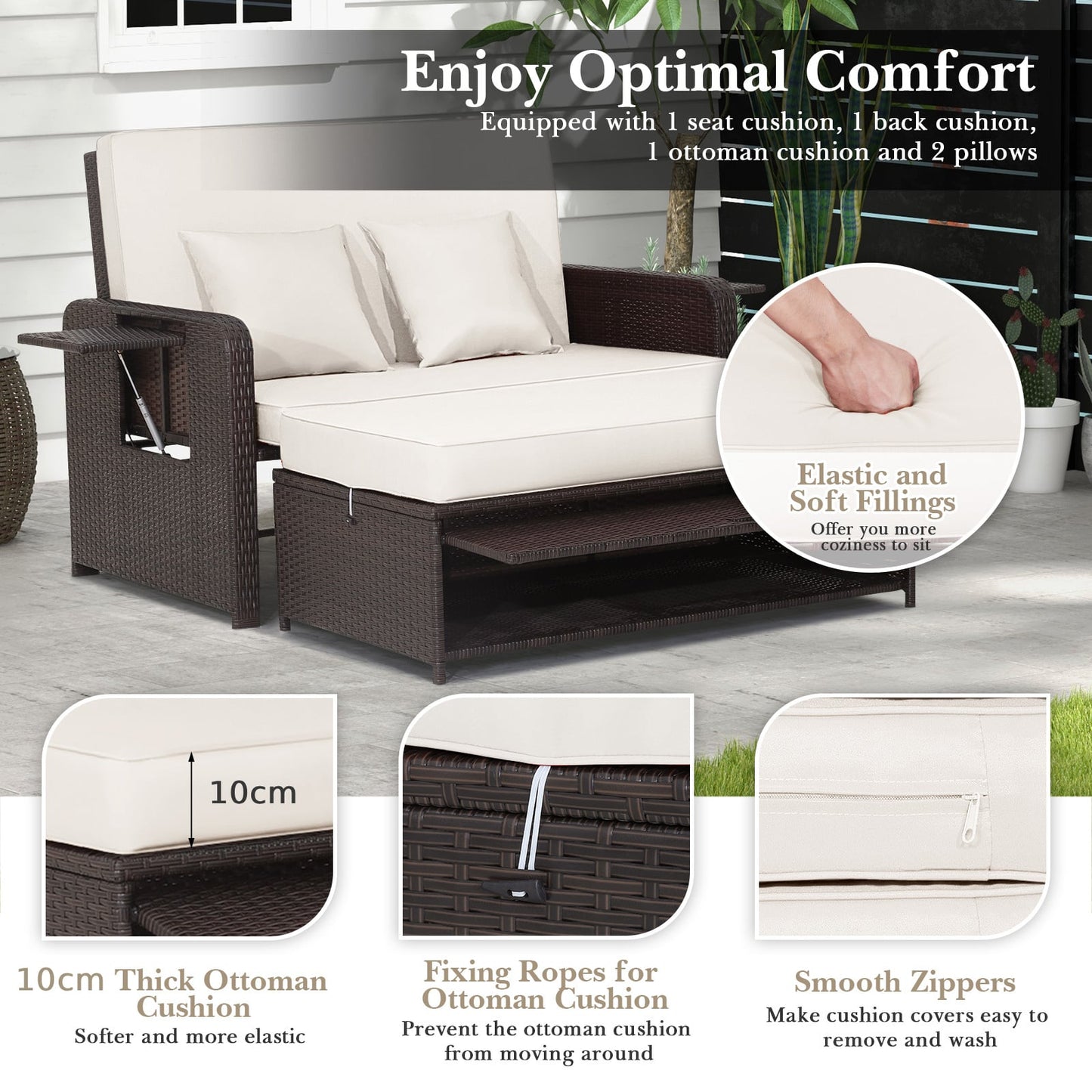 Patio Rattan Daybed Set with Ottoman and Adjustable Backrest-White