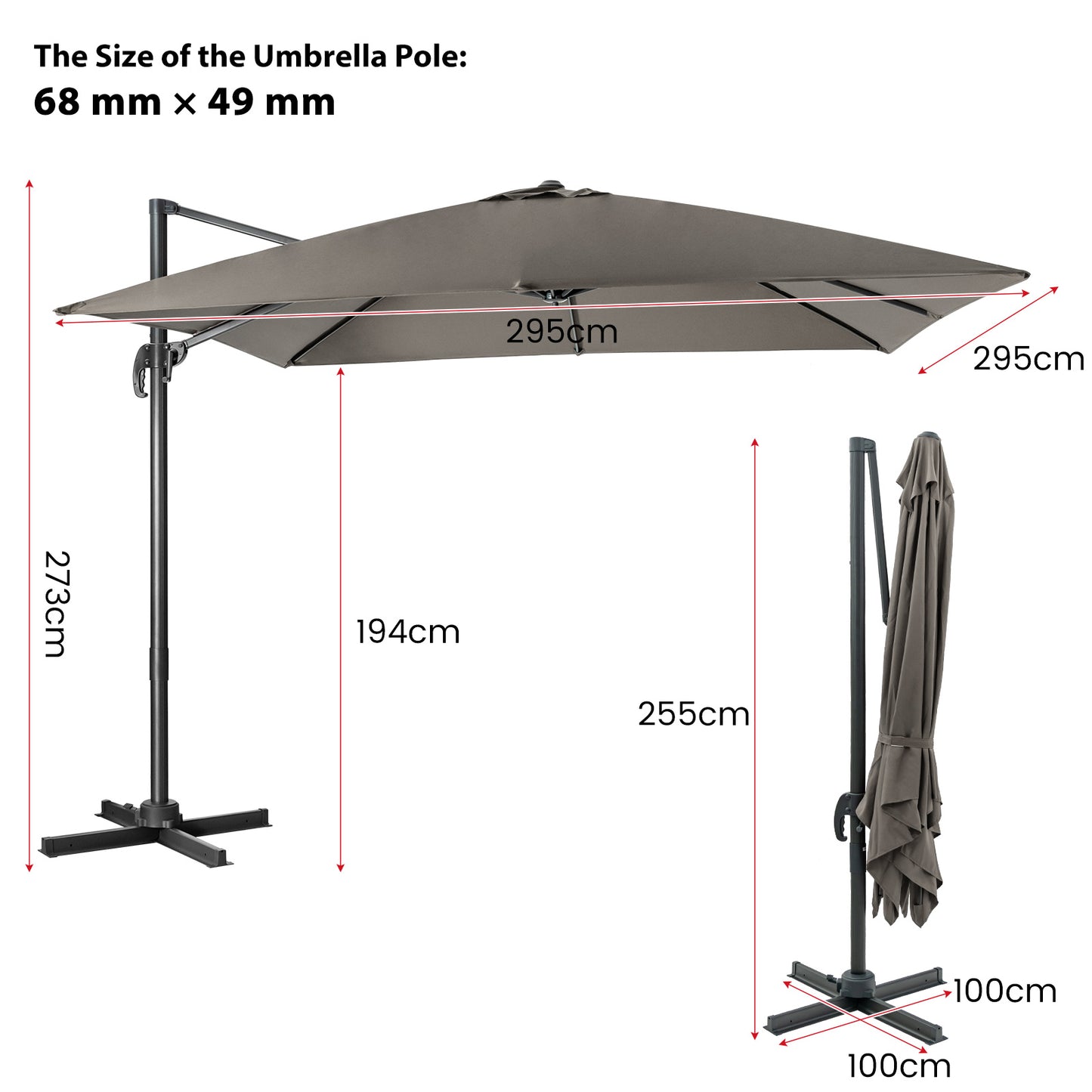 Patio Umbrella Square Offset with Cross Base and Tilt Adjustable-Grey