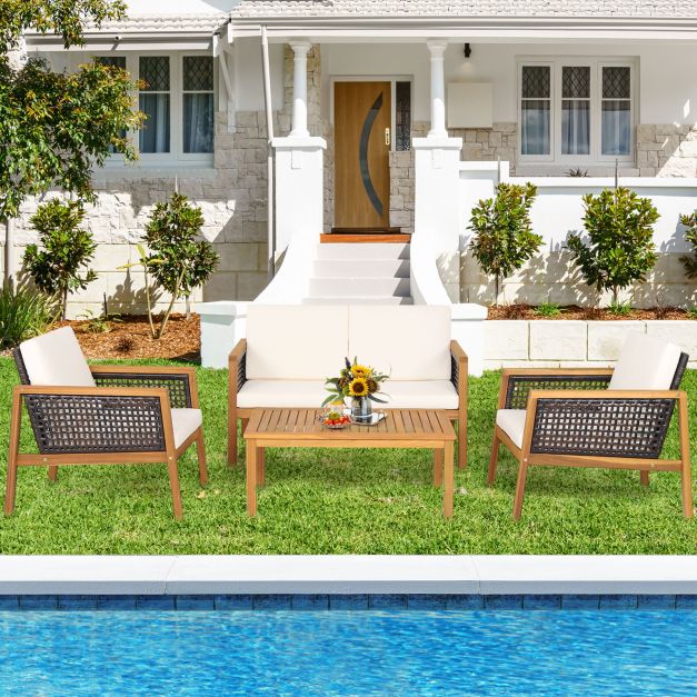 4-Piece Patio Acacia Wood Furniture Set with Removable Cushions-White