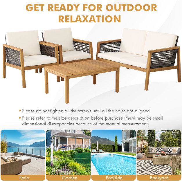 4-Piece Patio Acacia Wood Furniture Set with Removable Cushions-White