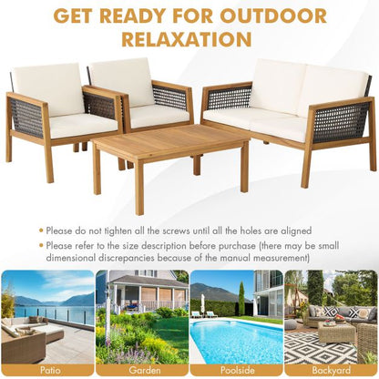 4-Piece Patio Acacia Wood Furniture Set with Removable Cushions-White