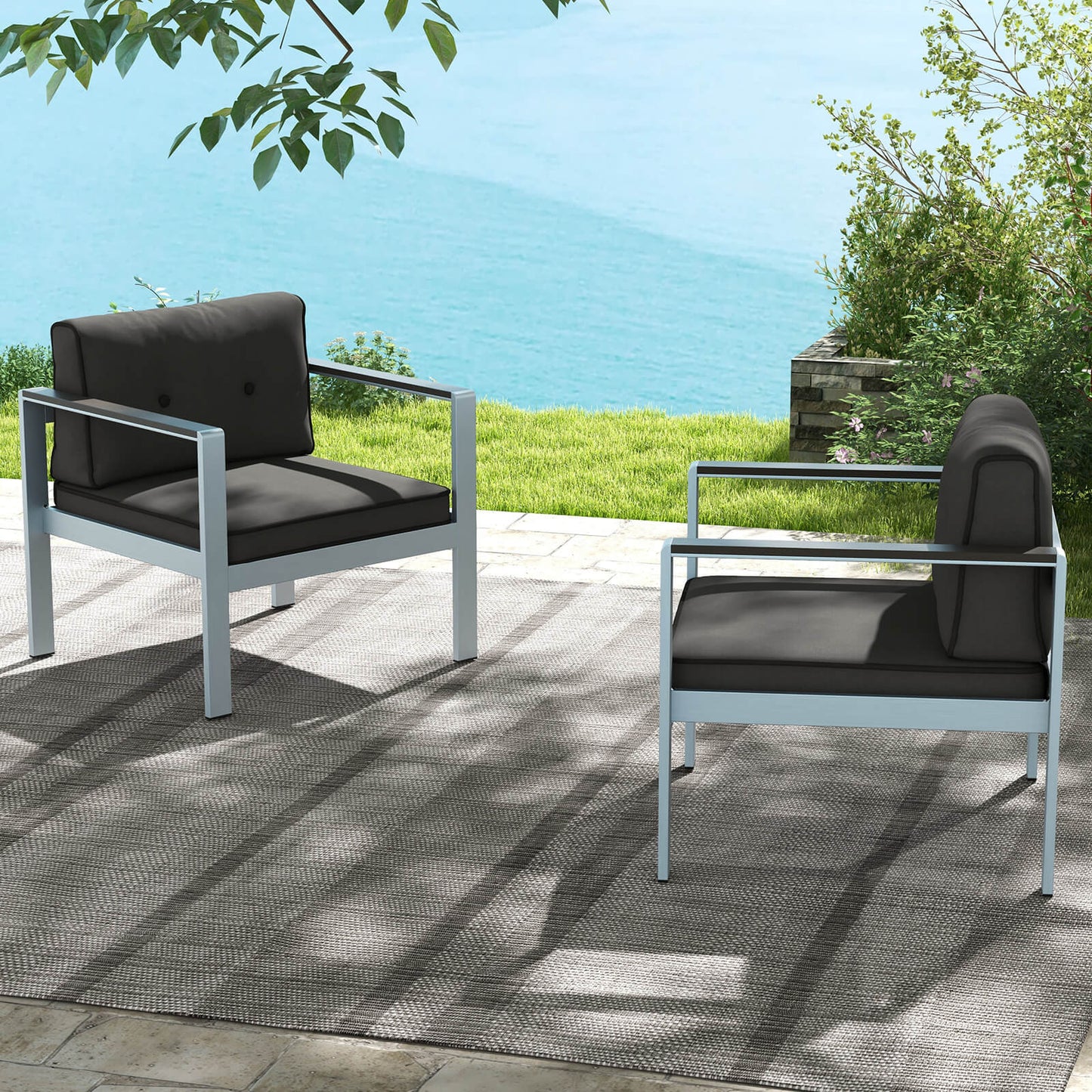 Patio Aluminum Armchair with Cushions Outdoor Sofa Chair-Grey