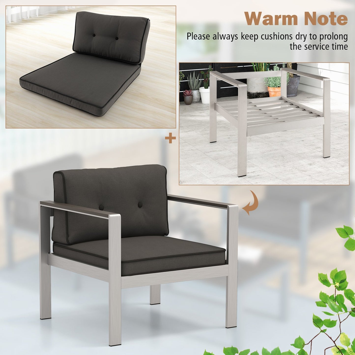 Patio Aluminum Armchair with Cushions Outdoor Sofa Chair-Grey