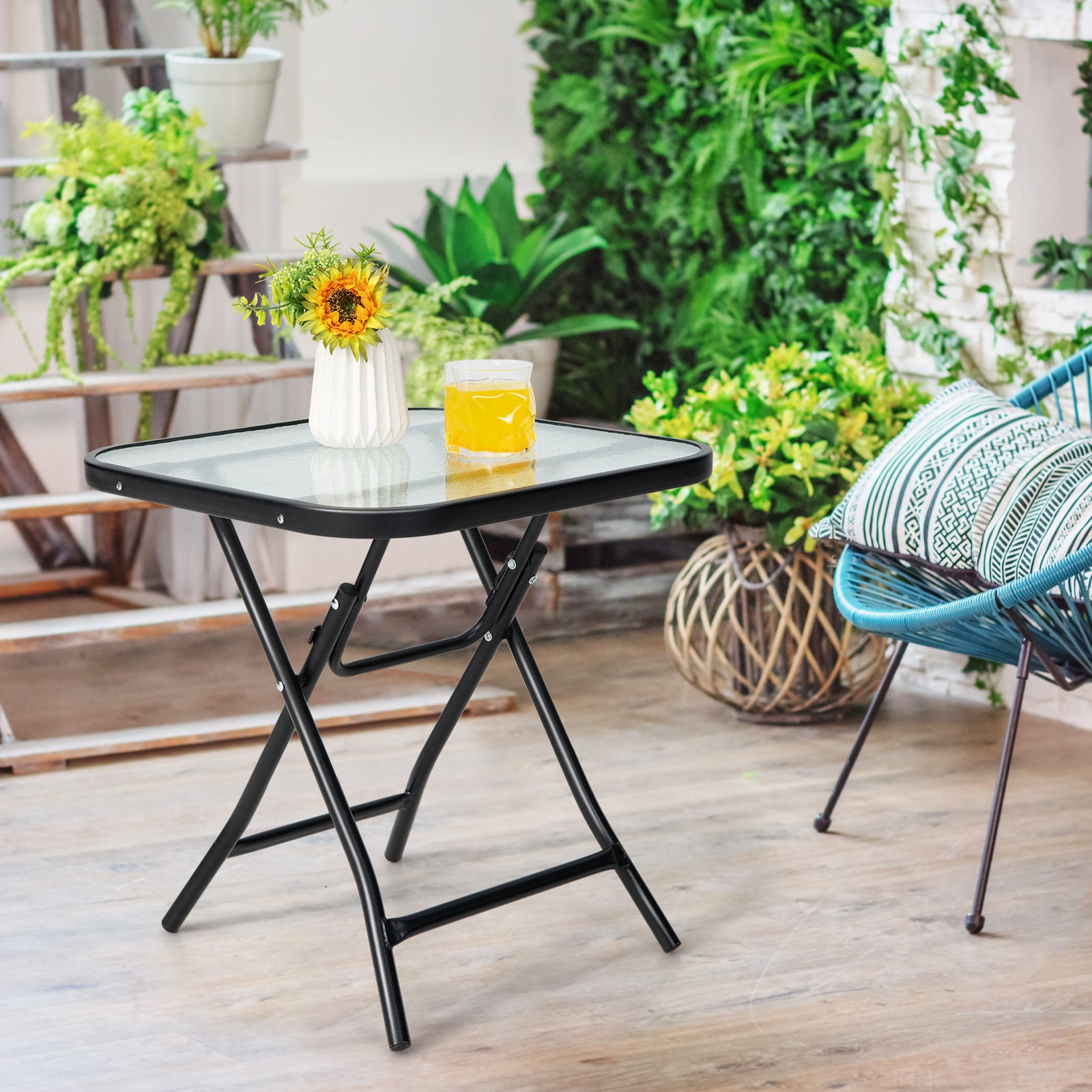 Patio Bistro Table Square Glass Side Table with Rustproof Frame