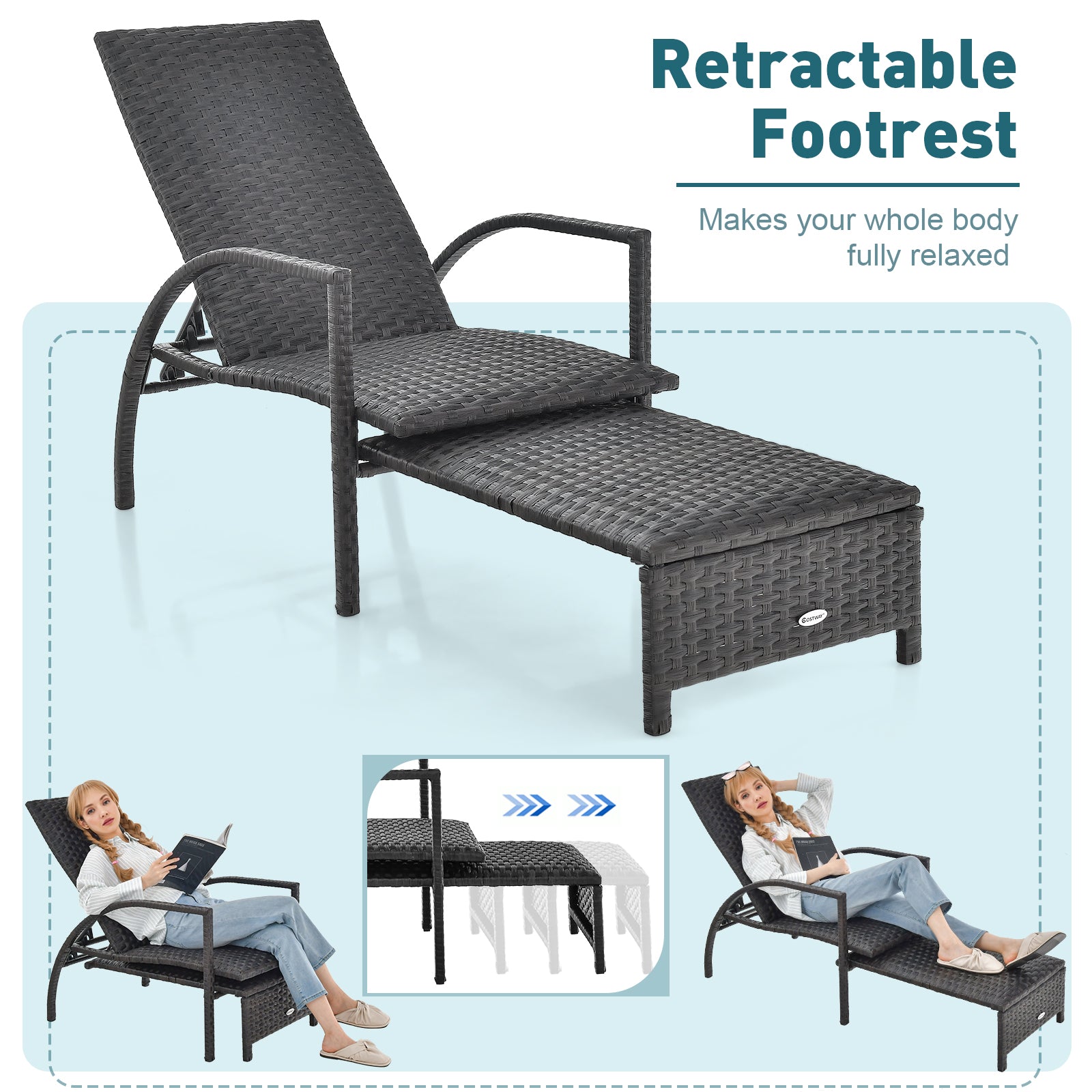 Patio Chaise Lounge with 5-Level Adjustable Backrest-Brown