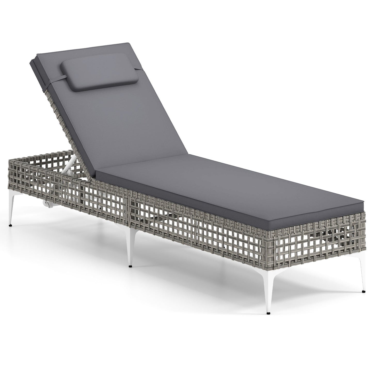 Patio Chaise Lounge PE Wicker Reclining Sun Lounger with 6-Level Adjustable Backrest-Grey-1 Piece