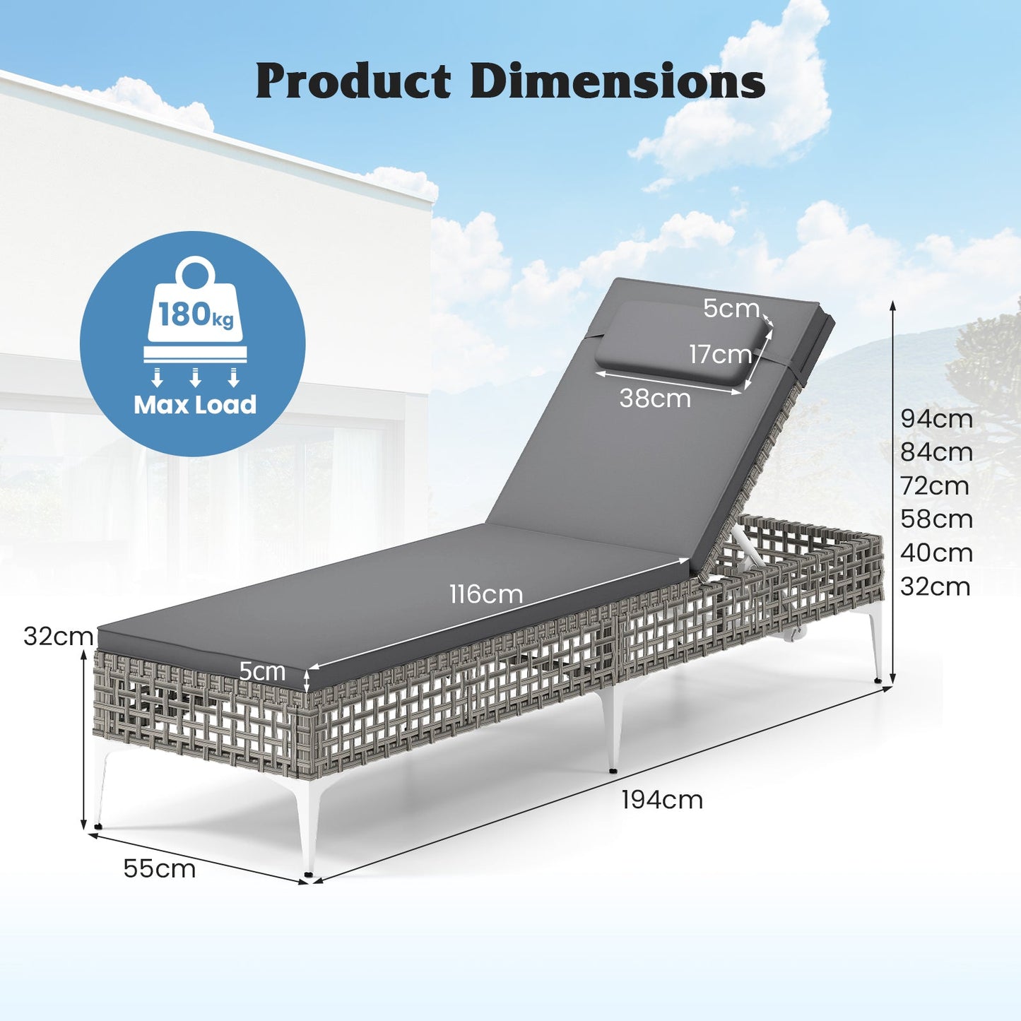 Patio Chaise Lounge PE Wicker Reclining Sun Lounger with 6-Level Adjustable Backrest-Grey-1 Piece
