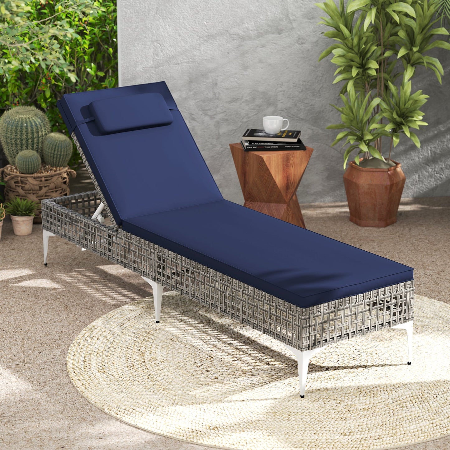 Patio Chaise Lounge PE Wicker Reclining Sun Lounger with 6-Level Adjustable Backrest-Navy-1 Piece