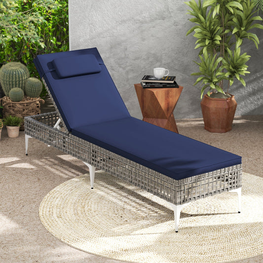 Patio Chaise Lounge PE Wicker Reclining Sun Lounger with 6-Level Adjustable Backrest-Navy-1 Piece
