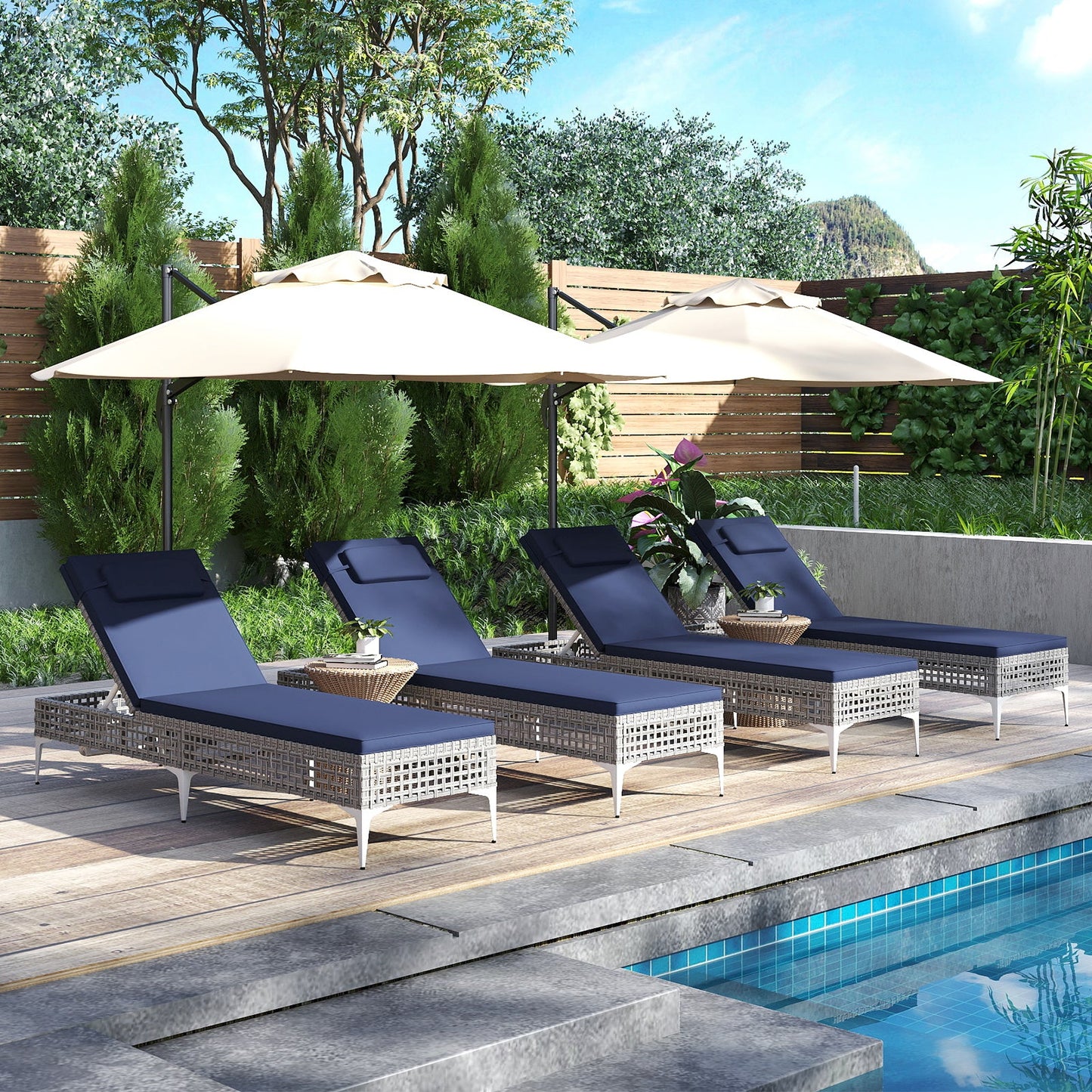 Patio Chaise Lounge PE Wicker Reclining Sun Lounger with 6-Level Adjustable Backrest-Navy-1 Piece