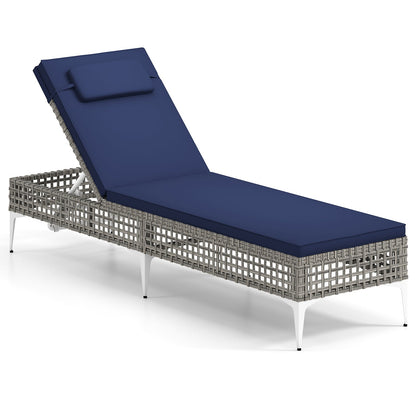 Patio Chaise Lounge PE Wicker Reclining Sun Lounger with 6-Level Adjustable Backrest-Navy-1 Piece
