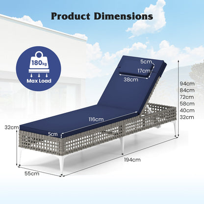 Patio Chaise Lounge PE Wicker Reclining Sun Lounger with 6-Level Adjustable Backrest-Navy-1 Piece