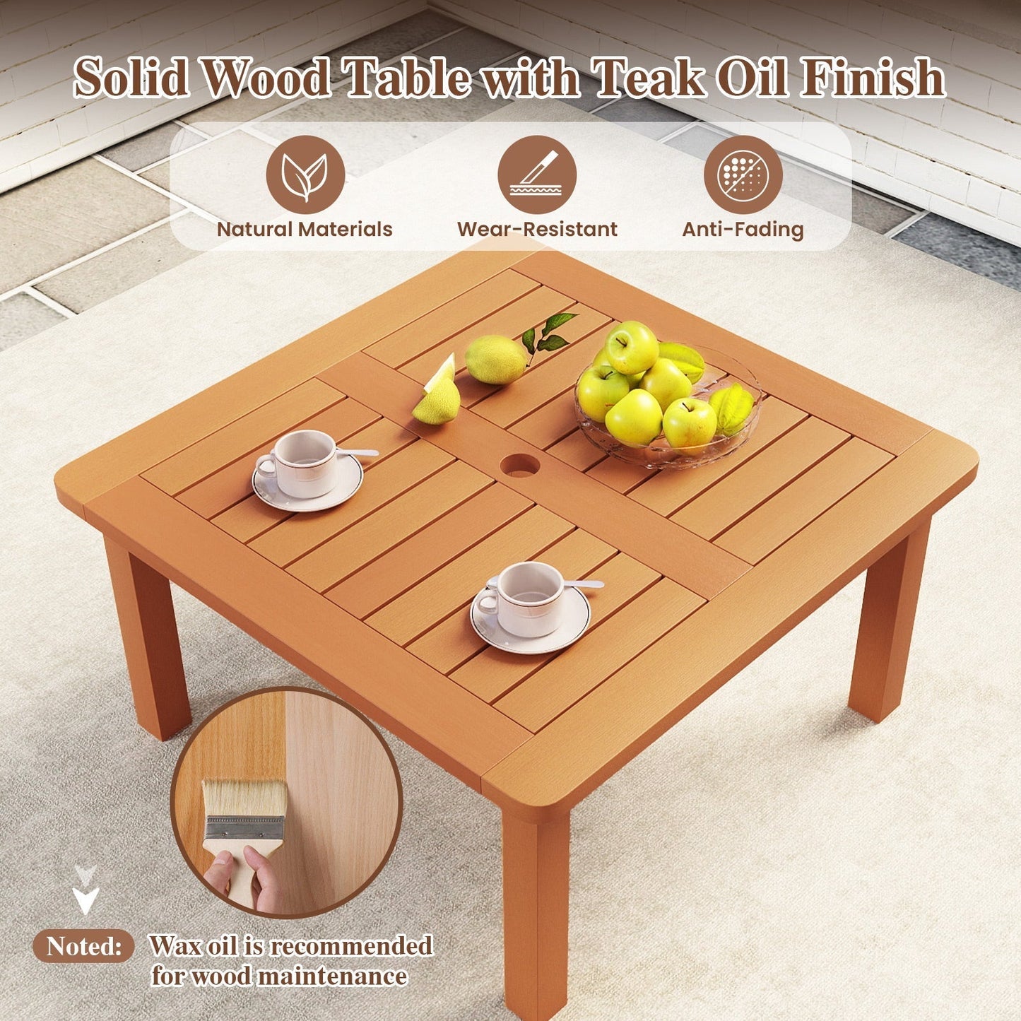 Patio Coffee Table with Umbrella Hole and Teak Oil Finish