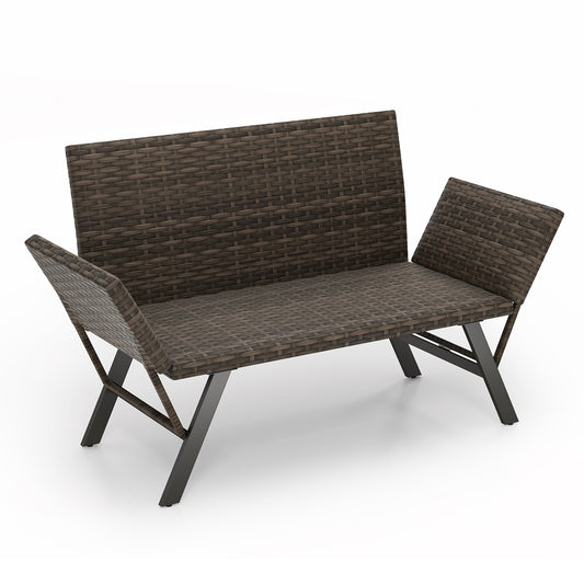 Patio Convertible Sofa for 2 Quick Dry Foam Padded Rattan Loveseat-Grey