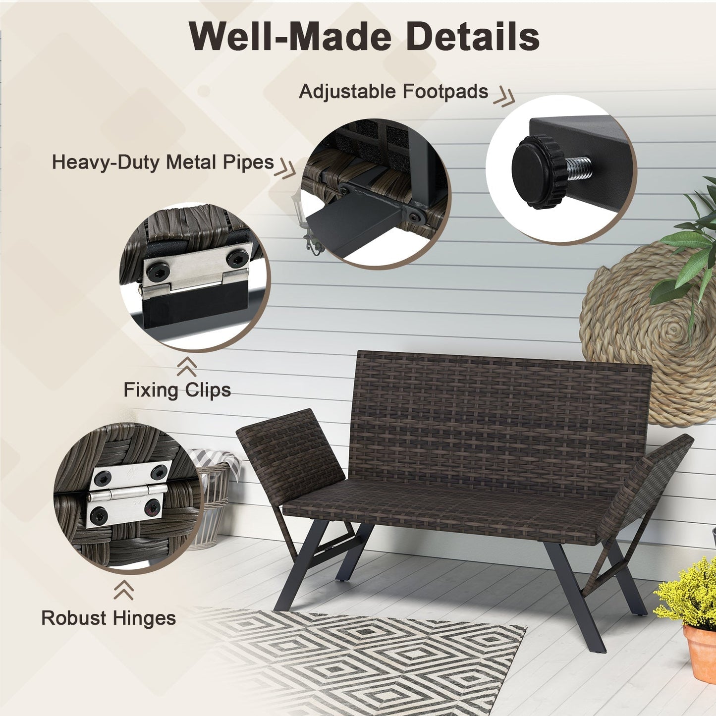 Convertible Patio Loveseat for 2 People Padded with Quick Dry Foam Adjustable Armrests Capacity 300 Kg Grey