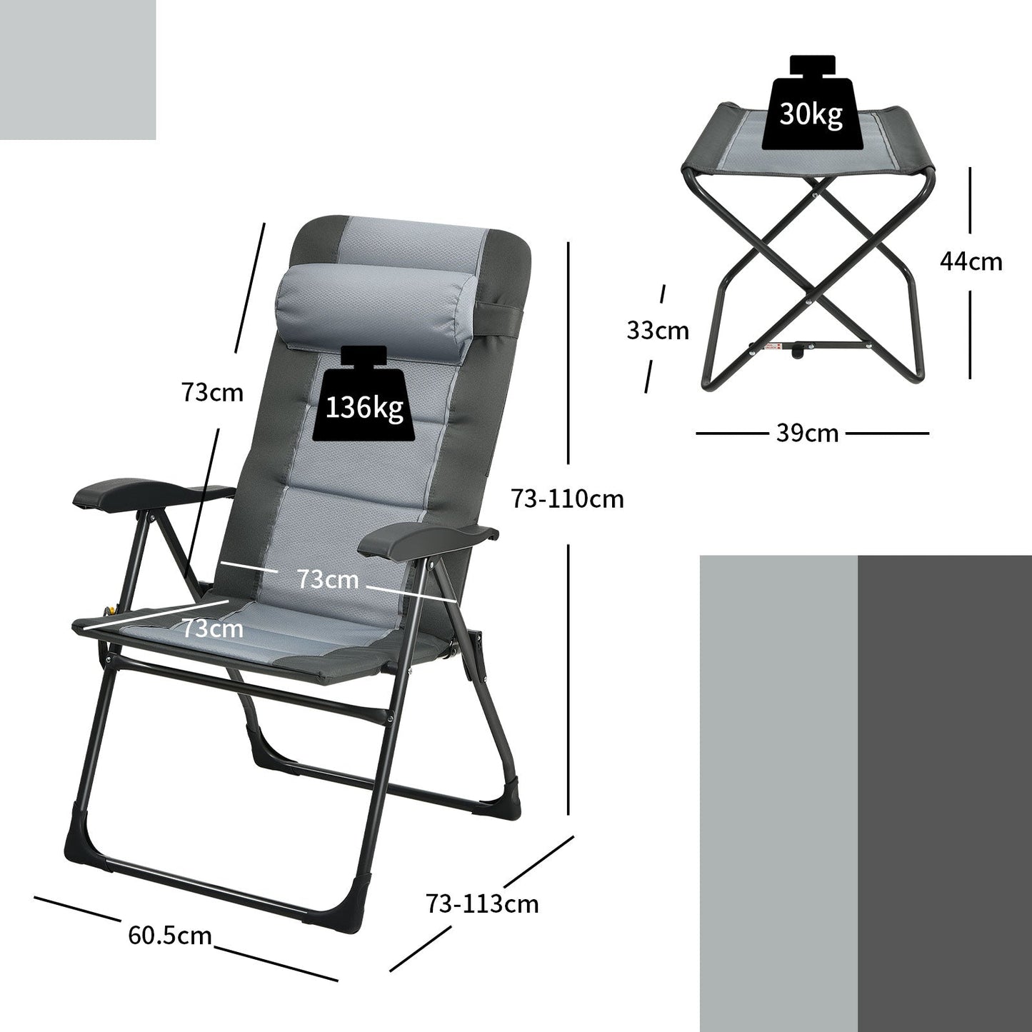 Set of 4 Patio Dining Chairs and Ottoman with 7-Position Adjustable Backrest-Grey