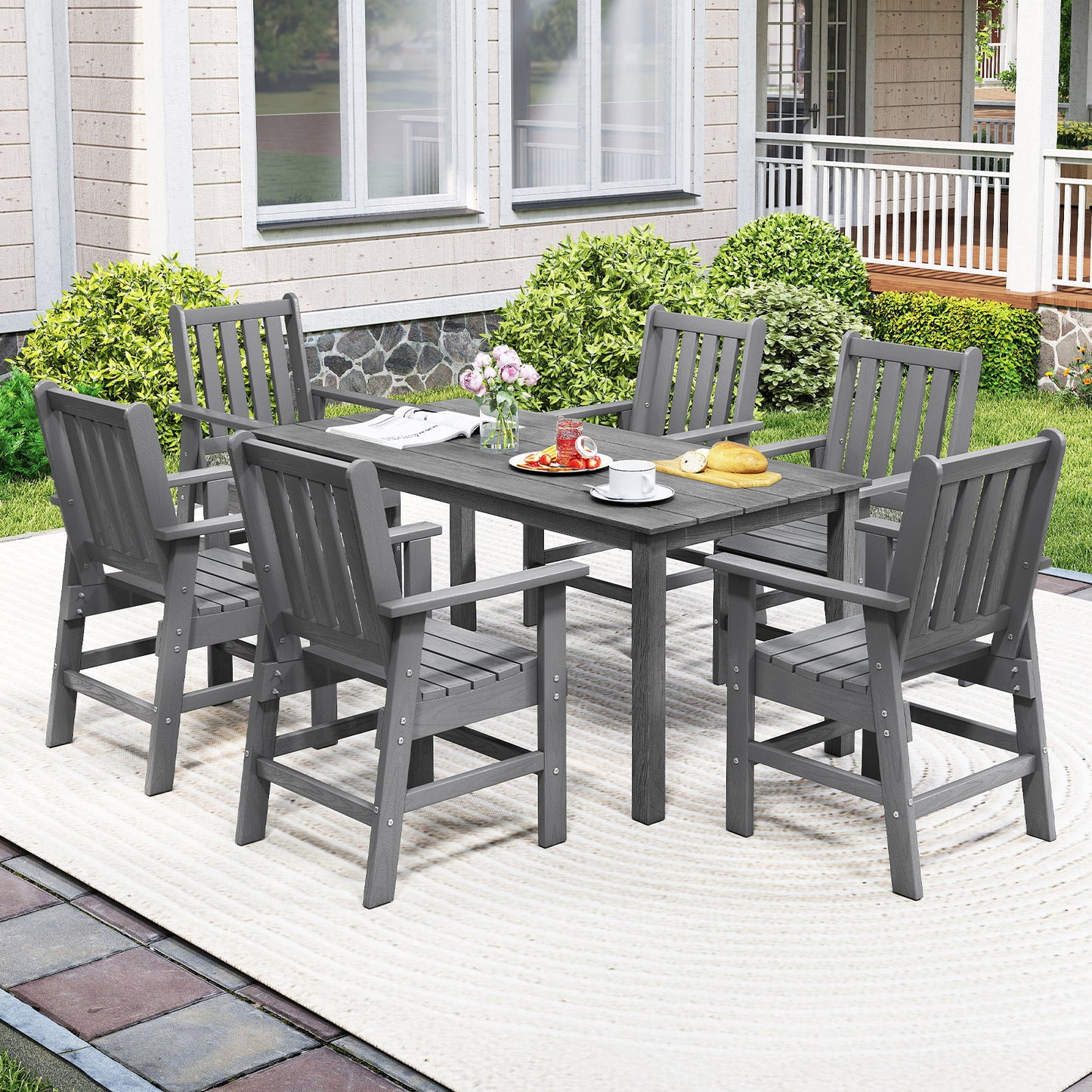 Patio Dining Chair HDPE All Weather Adirondack Armchair with Curved Seat-Grey