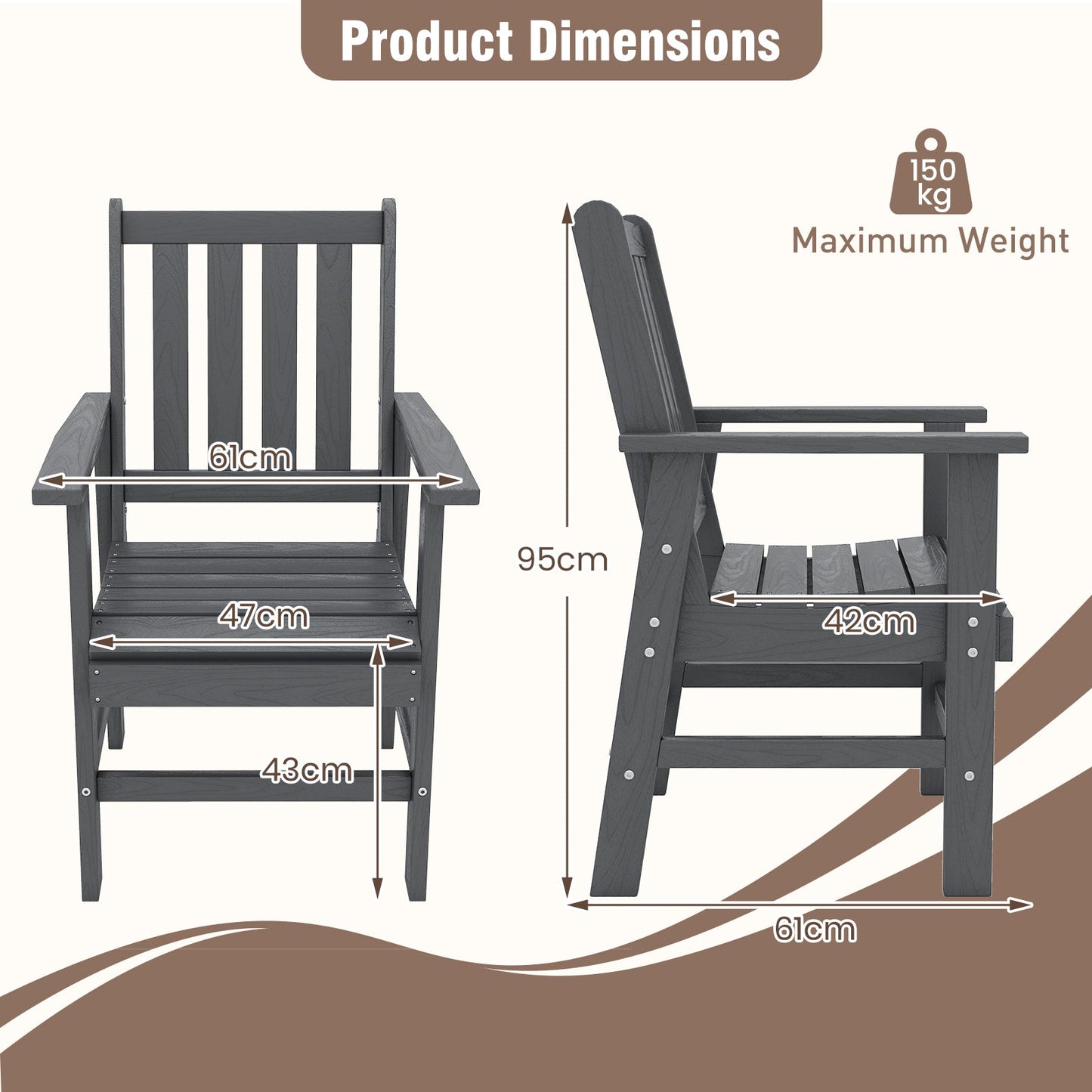 Patio Dining Chair HDPE All Weather Adirondack Armchair with Curved Seat-Grey