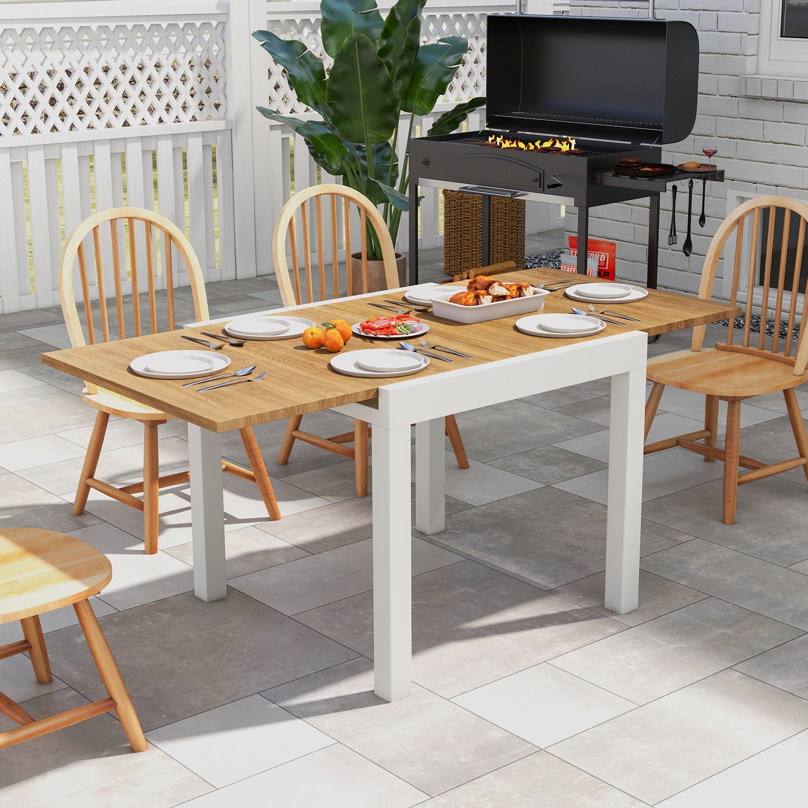 Patio Expandable Dining Table Rectangular Aluminum Dining Table for 4-6 Person-Natural