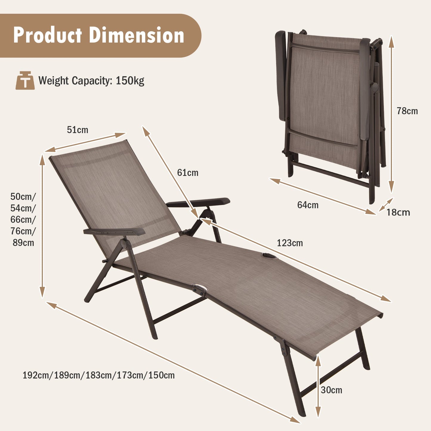 Patio Foldable Chaise Lounge Chair Reclining with Adjustable Backrest-Brown-2 Pack