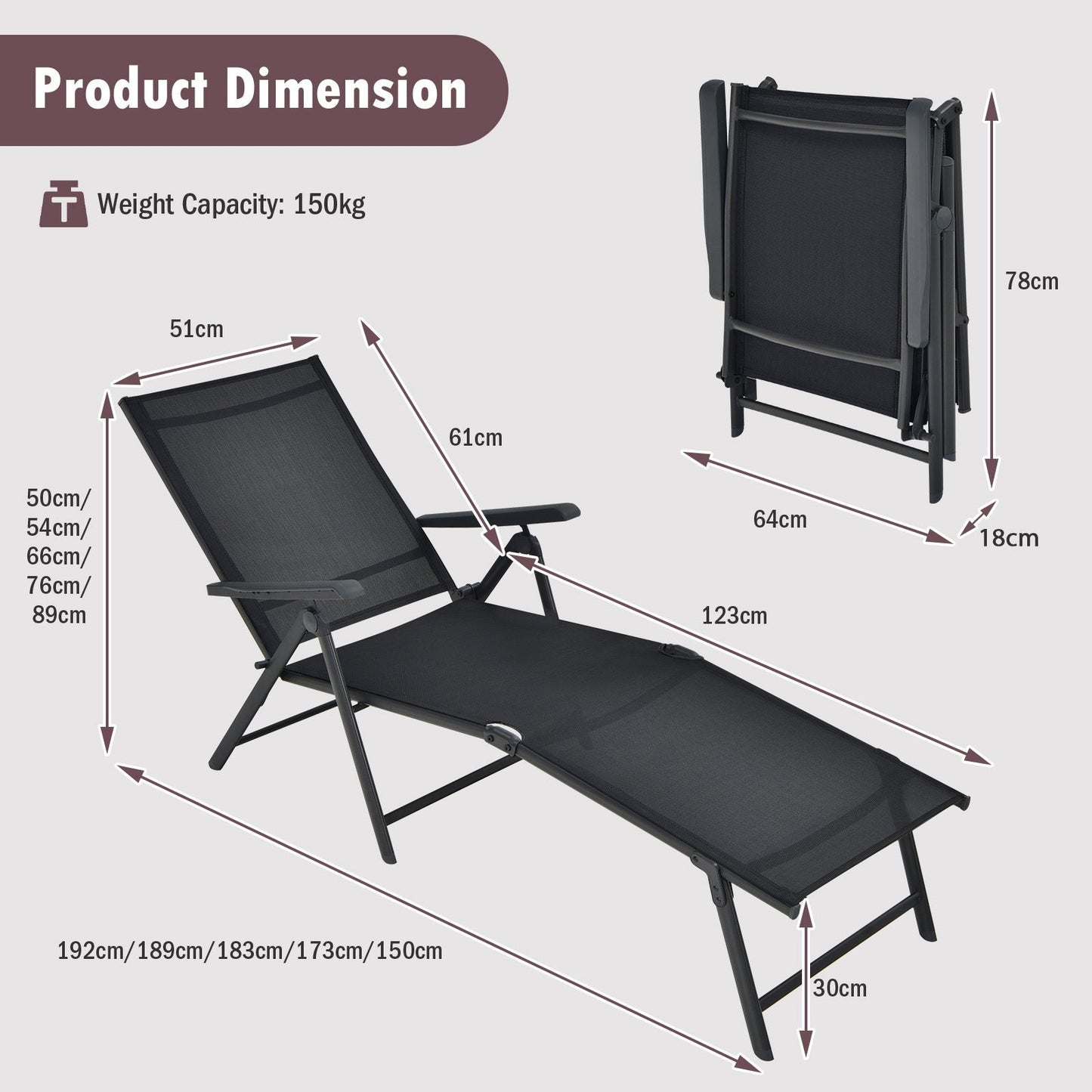 Patio Foldable Chaise Lounge Chair Reclining with Adjustable Backrest-Black-2 Pack