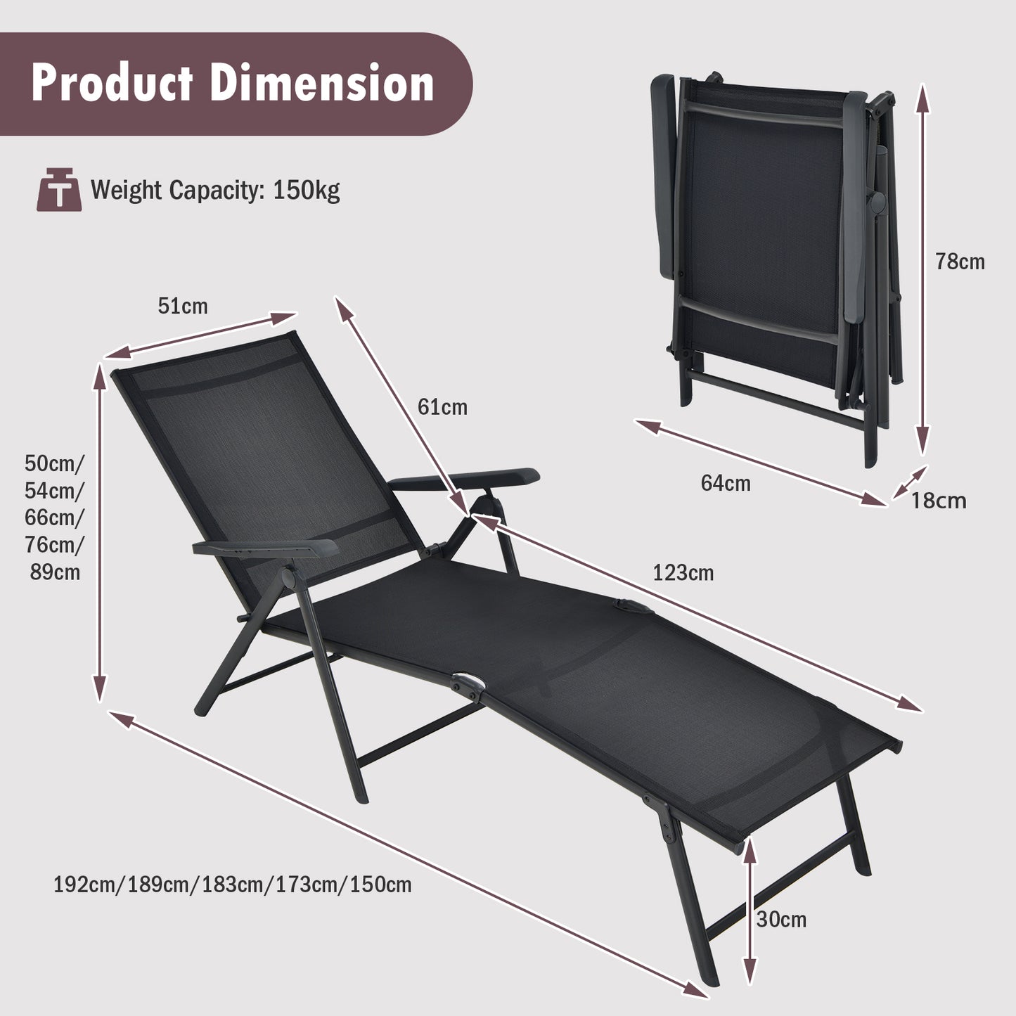 Patio Foldable Chaise Lounge Chair Reclining with Adjustable Backrest-Black-2 Pack