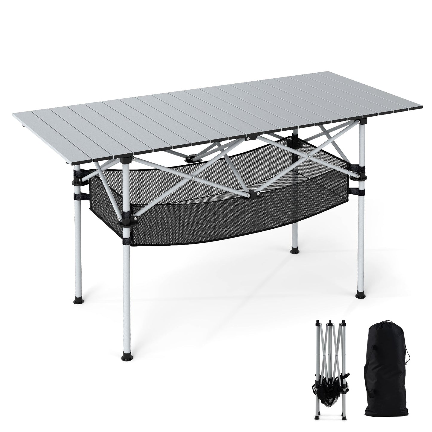 Patio Folding Camping Table Picnic Table with Aluminum Roll-up Tabletop-Silver