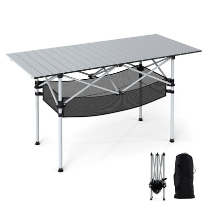Patio Folding Camping Table Picnic Table with Aluminum Roll-up Tabletop-Silver