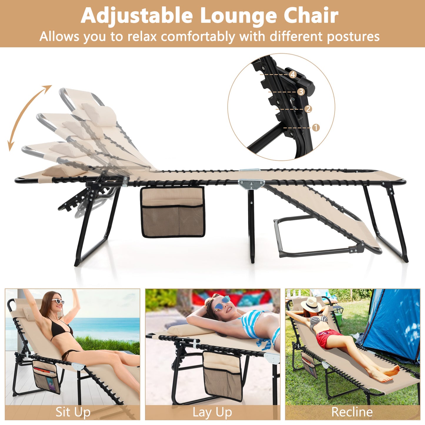 Patio Folding Chaise Lounge Chair Portable Sun Lounger with Adjustable Backrest-Beige