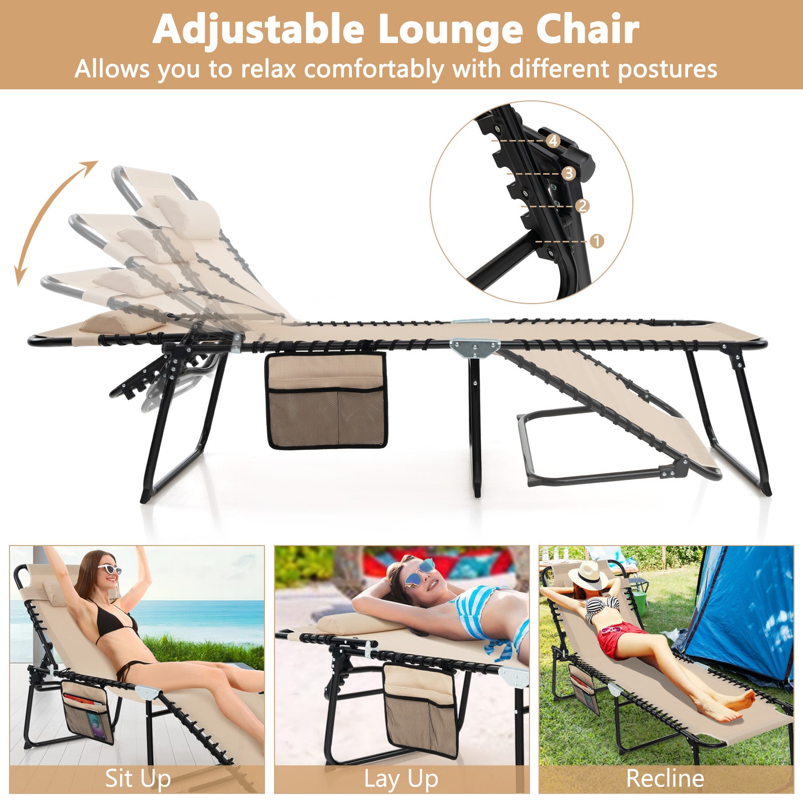 Patio Folding Chaise Lounge Chair Portable Sun Lounger with Adjustable Backrest-Beige