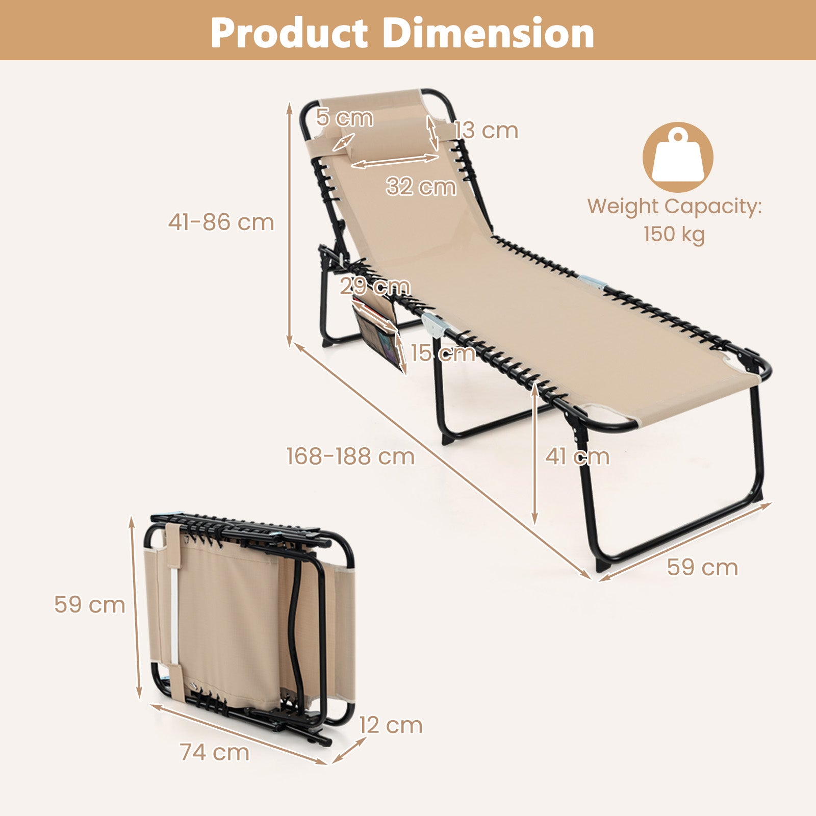 Patio Folding Chaise Lounge Chair Portable Sun Lounger with Adjustable Backrest-Beige