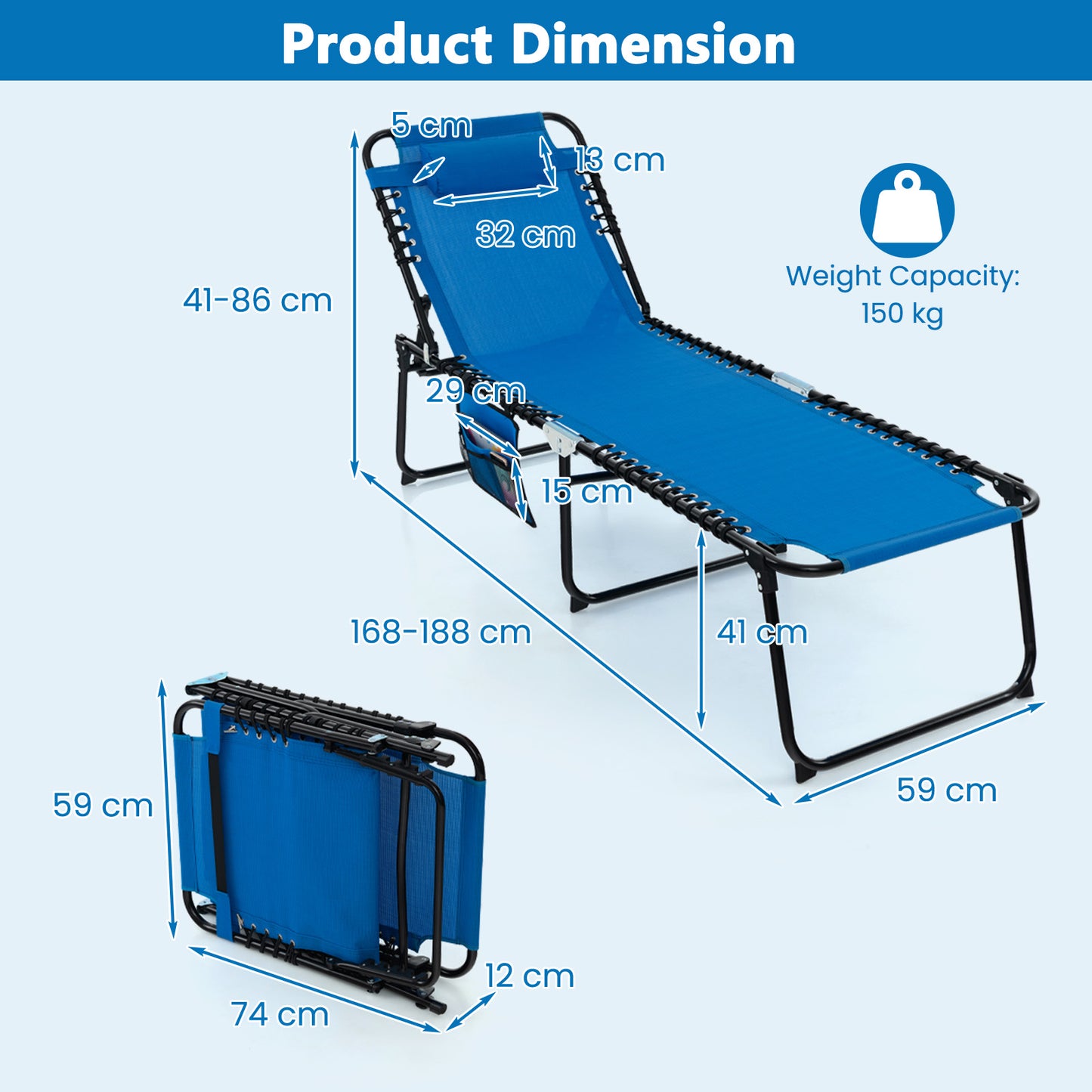 Patio Folding Chaise Lounge Chair Portable Sun Lounger with Adjustable Backrest-Navy