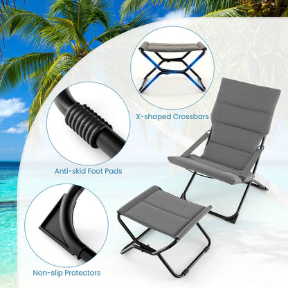 Patio Folding Sling Chair with Ottoman and with Removable Cushion-Grey