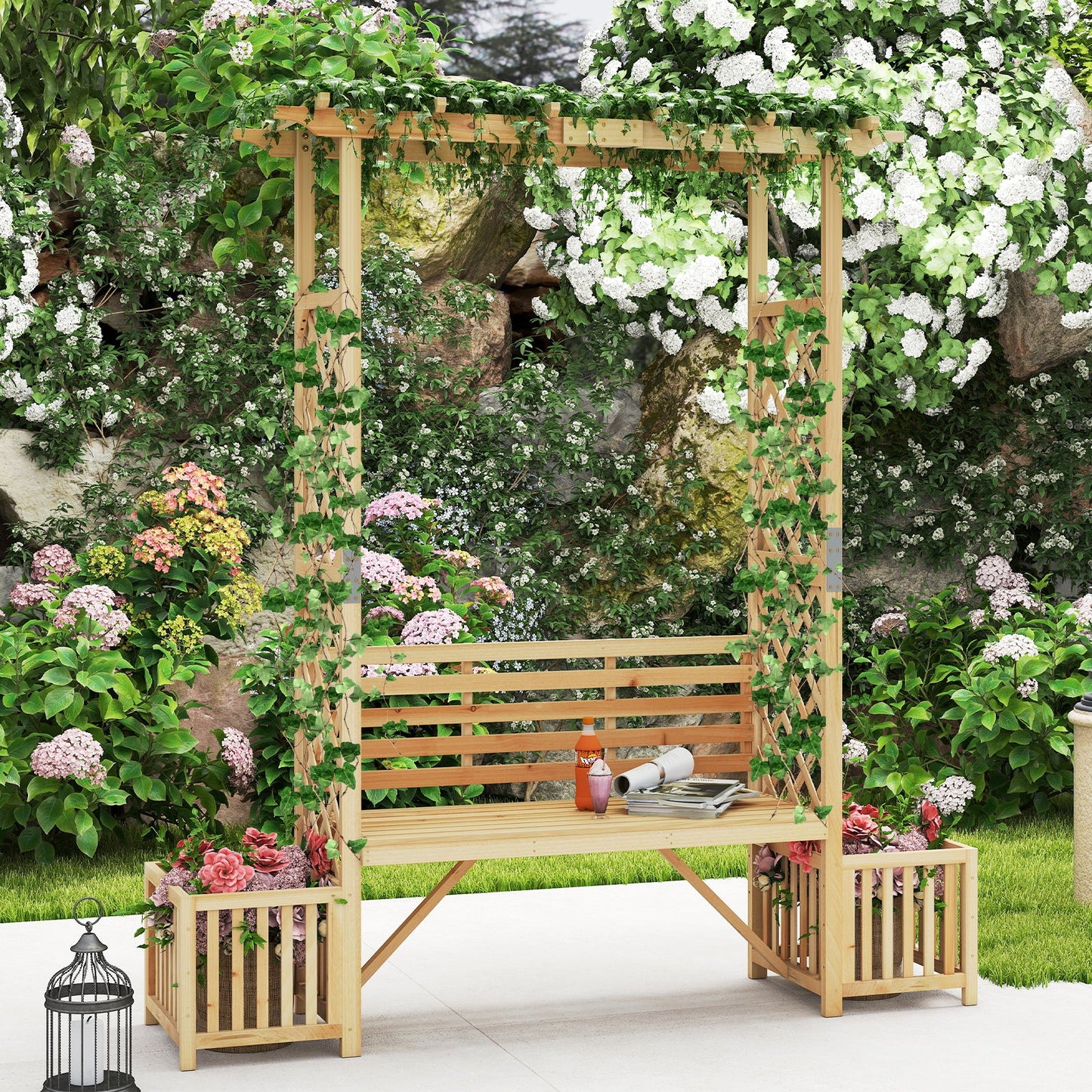 Patio Garden Bench Arbor Arch Wooden Outdoor Bench with Pergola-Natural