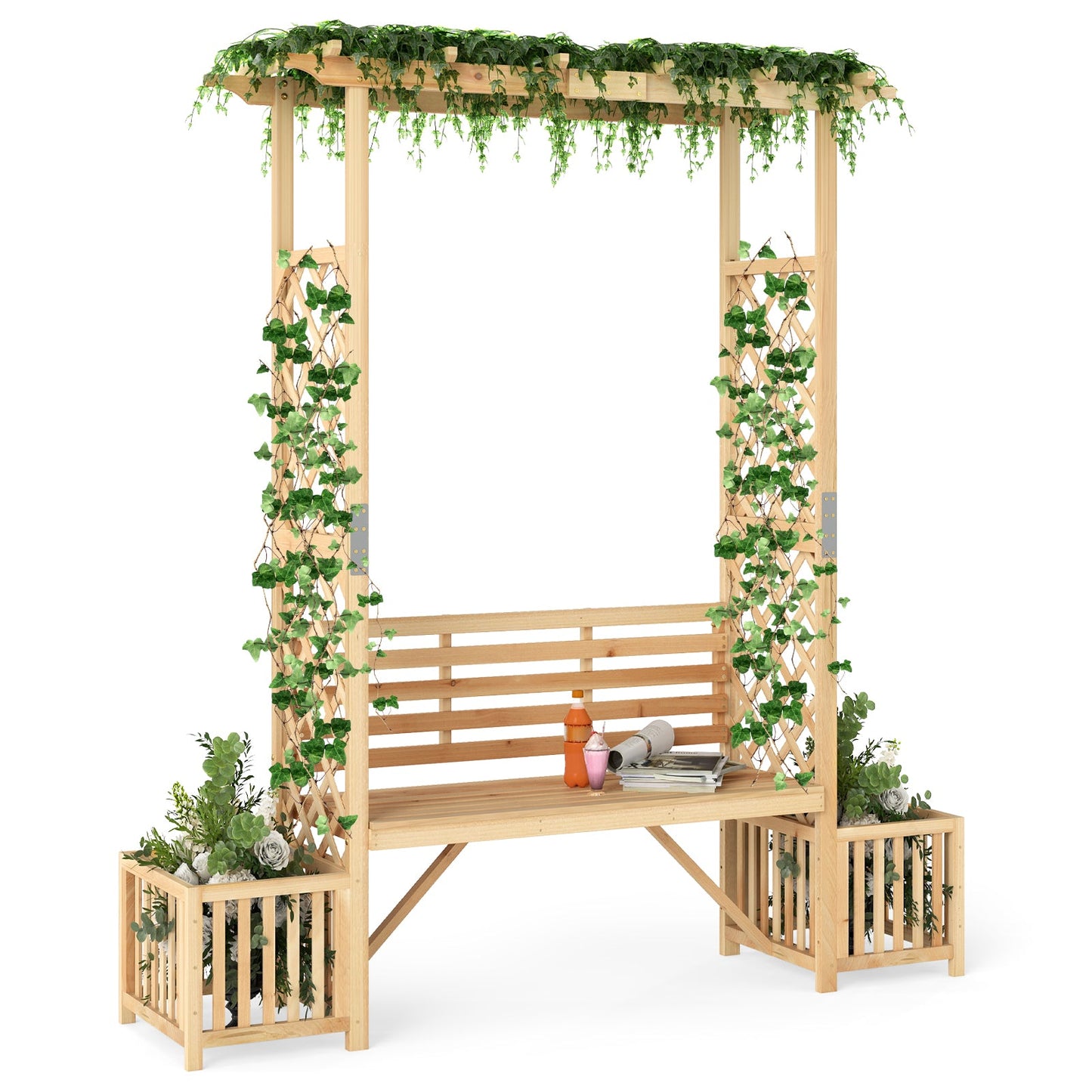 Patio Garden Bench Arbor Arch Wooden Outdoor Bench with Pergola-Natural