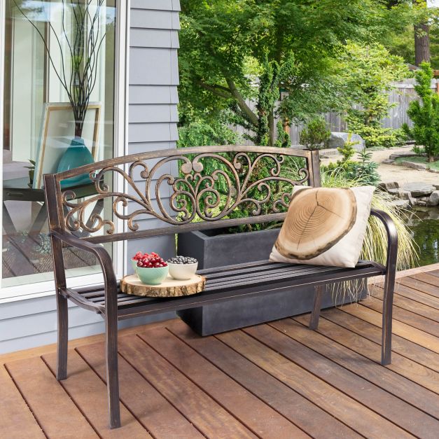 Patio Garden Bench Cast Iron and Steel Porch Loveseat with Armrests-Bronze