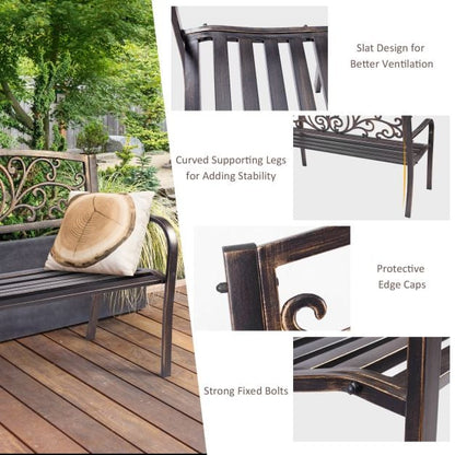 Patio Garden Bench Cast Iron and Steel Porch Loveseat with Armrests-Bronze