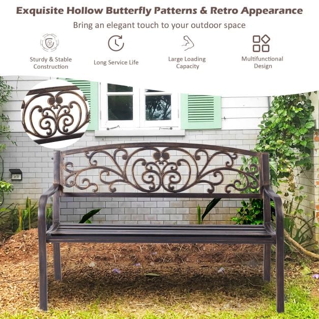Patio Garden Bench Cast Iron and Steel Porch Loveseat with Armrests-Bronze